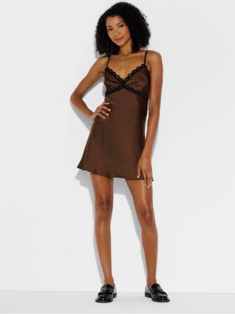 Women's Sleeveless Black Lace Trim Mini Slip Brown Dress Wild Fable Size Xs Nwt